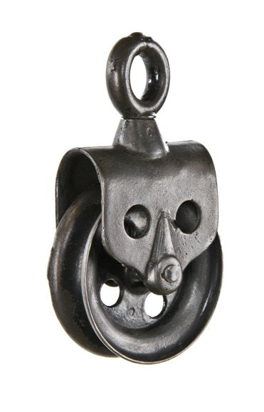 original and intact american made vintage industrial refinished iron and steel hay single groove barn pulley with swivel eyelet