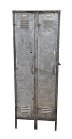 refinished early 20th century vintage american industrial freestanding double unit heavy gauge steel locker with louvered vents