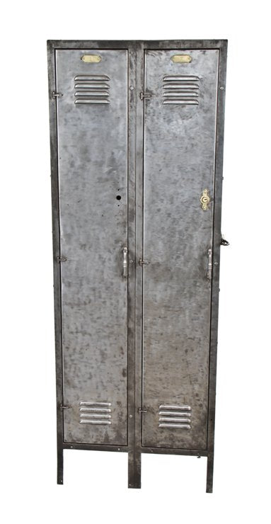 refinished early 20th century vintage american industrial freestanding double unit heavy gauge steel locker with louvered vents