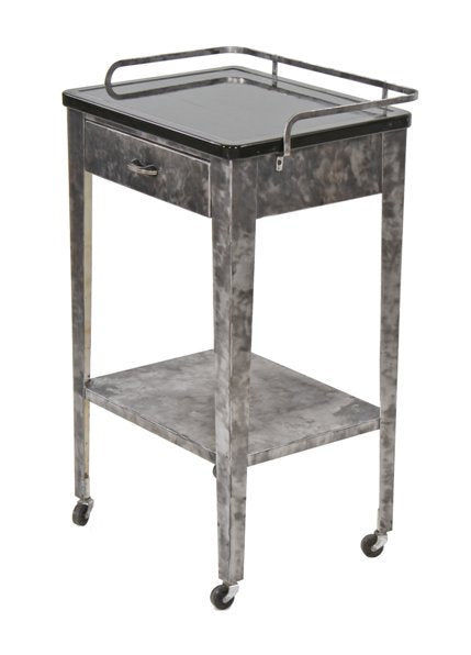 original and intact american vintage medical brushed steel mobile examination room supply cart with three-sided railguard