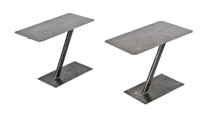 pair of matching american custom-built brushed metal repurposed welded joint steel cantilevered side tables