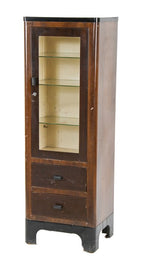 late 1930's vintage american medical hospital examination room freestanding rolled steel supply cabinet with faux wood grain finish