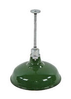 large quantity of matching c. 1940's vintage american industrial green porcelain enameled cbs studios pendant lights