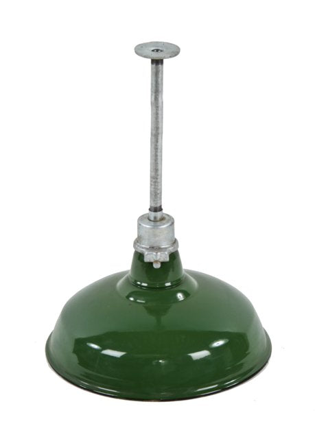 large quantity of matching c. 1940's vintage american industrial green porcelain enameled cbs studios pendant lights