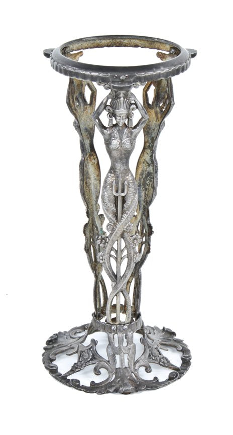 rare c. 1930's american art deco egyptian revival style refinished ornamental cast iron combination candelabra fish bowl stand