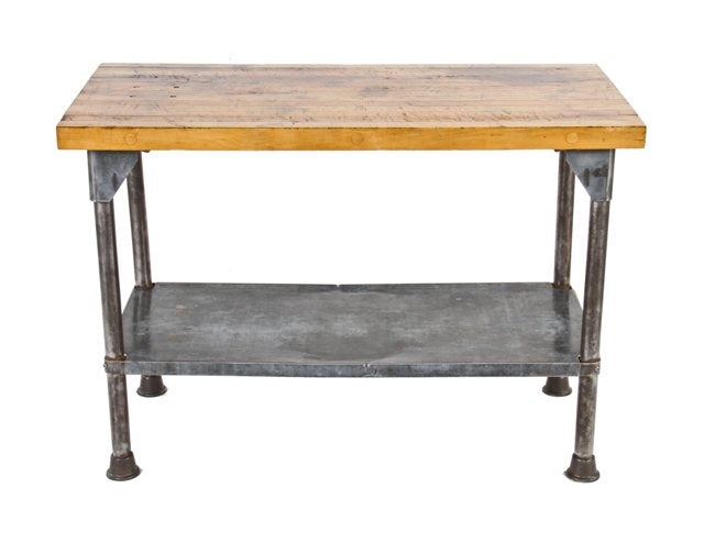 refinished c. 1940's vintage american industrial four-legged butcher shop prep table with rock hard maple wood top