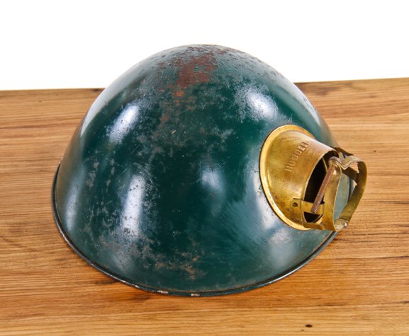 original early 1920's vintage industrial "no. 5571" green enameled rolled rim parabola-shaped lamp replacement reflector