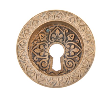 19th century american antique ornamental cast bronze circular-shaped residential pocket door escutcheon with recessed center