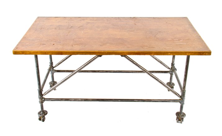 c. 1930's american industrial custom-built mobile assembly table with refinished four-legged steel pipe base