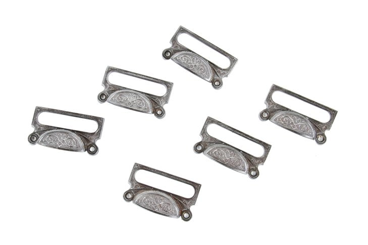 six matching c. 1880's antique american ornamental cast iron apothecary cabinet drawer pulls or handles with label holders