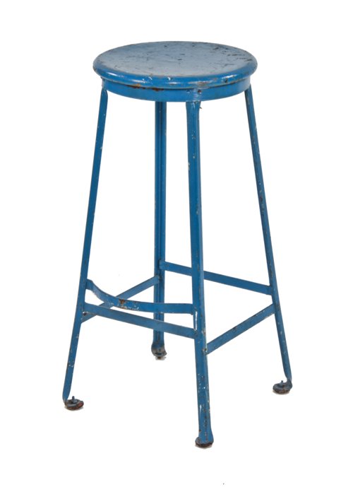 c. 1930's american made vintage industrial riveted joint four-legged angled steel factory stool with old blue paint finish