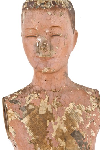 worn and weathered c. 1950's vintage american armless young boy clothing store mannequin with flesh-tone enameled finish