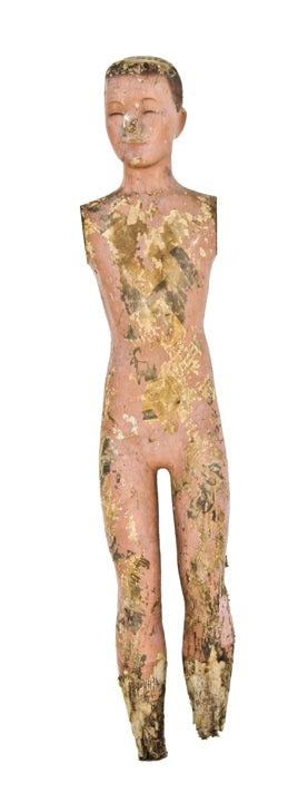 worn and weathered c. 1950's vintage american armless young boy clothing store mannequin with flesh-tone enameled finish
