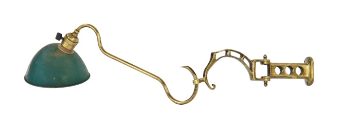 original c. 1895-1900 antique american industrial early electric cast brass swivel bracket wall-mount lamp with curvaceous tubular socket arm