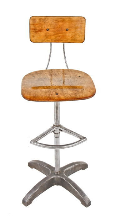 original and remarkably intact hard to find c. 1935-40 antique salvaged american industrial patented "ever-hold" stationary factory stool with birch wood contoured seat and backrest