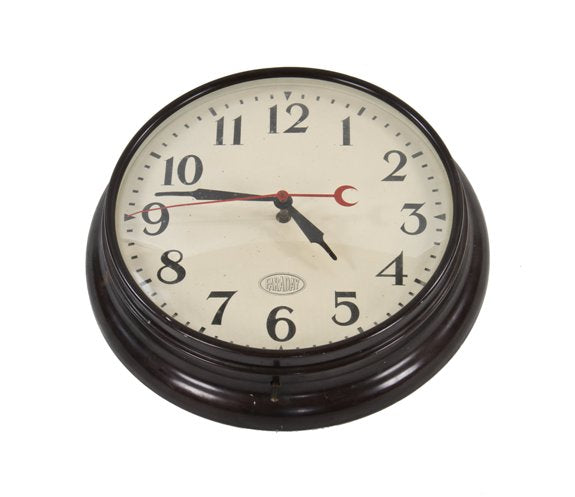 original c. 1945 electric analog public school "faraday" wall-mount clock with intact brown enameled pressed sheet steel case