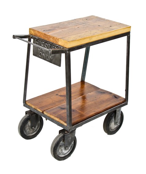 unique vintage american industrial custom-built angled iron two tier mobile cart with oversized hardened black rubber casters