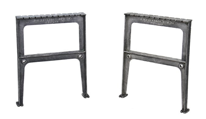 matching pair of early 20th century american industrial refinished cast iron factory workbench bases with grooved floor plates