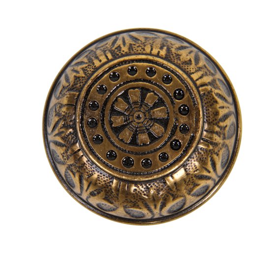 oversized antique american victorian era ornamental cast bronze banded rim residential doorknob with black enameled inlay