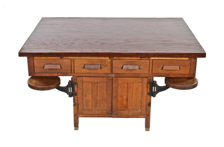 rarely found  c. 1920's vintage american industrial varnished birch wood domestic science laboratory table with original swing-out stools