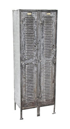 early 1920's vintage american industrial freestanding brushed heavy gauge steel double unit factory locker with louvered doors