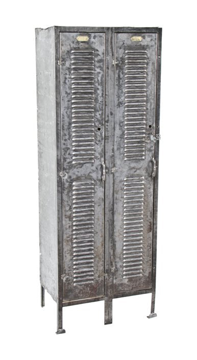 early 1920's vintage american industrial freestanding brushed heavy gauge steel double unit factory locker with louvered doors