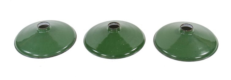 group of three matching early 20th century benjamin green porcelain enameled factory pendant light reflectors