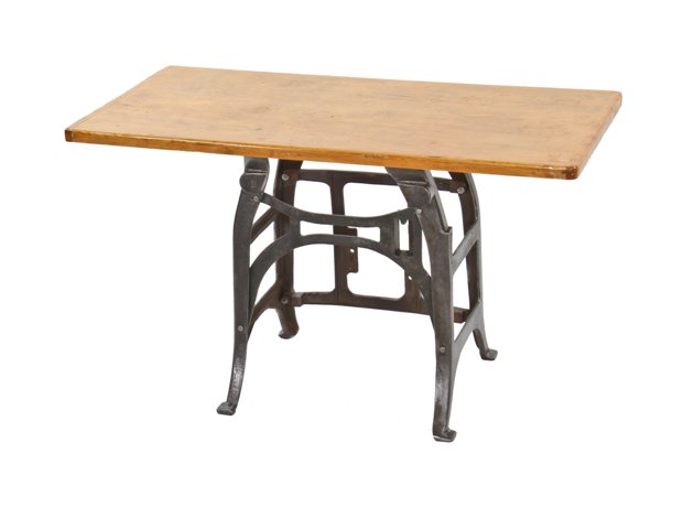 repurposed c. 1930's vintage american industrial factory office addressograph table base with rectangualr-shaped varnished wood top