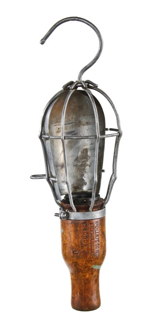 complete c. 1930's vintage american industrial portable incandescent "trouble light" with finely turned maple wood handle