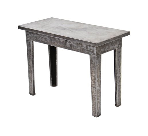 heavily reinforced c. 1920's vintage industrial factory office low-lying furniture sheet steel side table with brushed metal finish