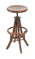 early 20th century adjustable height american industrial varnished oak wood flared leg draftsman stool with bent wood footrest