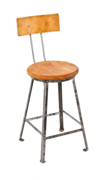 entirely refinished c. 1930's american industrial riveted joint angled iron stationary factory stool with original maple wood seat and backrest