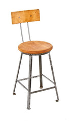 entirely refinished c. 1930's american industrial riveted joint angled iron stationary factory stool with original maple wood seat and backrest