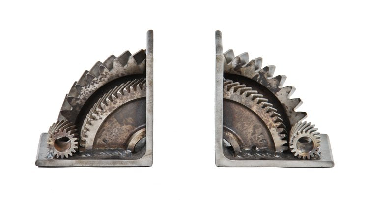 pair of american made repurposed machine age welded joint gear assemblage weighted bookends