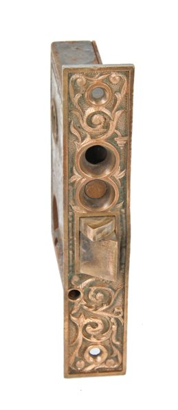 original c. 1890's american art nouveau style "columbian" pattern vestibule door stop work mortise lock with fanciful bronze faceplate