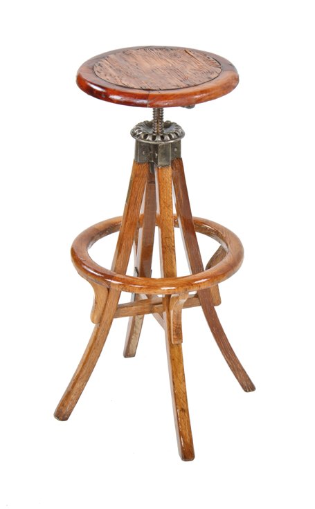 outstanding early 20th century american industrial refinished mixed wood adjustable height drafting stool with revolving seat