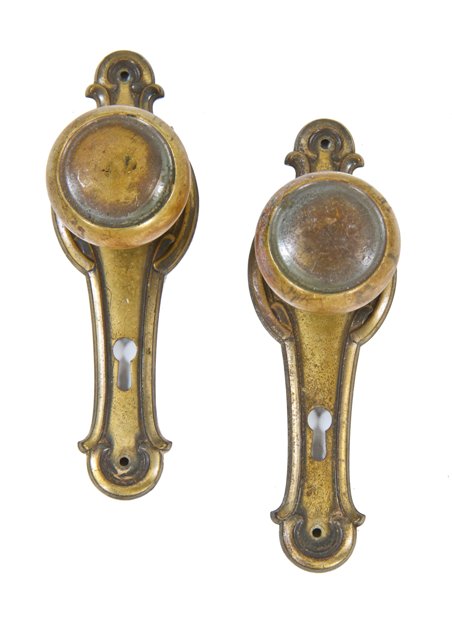 matching set of c. 1920's american residential wrought brass passage door hardware with nicely aged surface patina