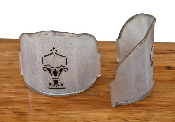 two matching c. 1930's frosted glass spanish revival style ceiling fixture replacement slip shades with backed enameled stenciling