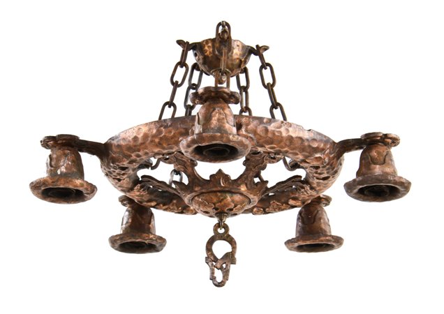 original c. 1920's american arts & crafts style copper-plated cast iron interior residential five-light ceiling fixture with hammered finish