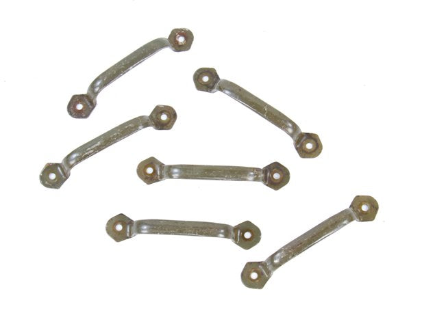 group of six matching original c. 1940's vintage industrial olive green enameled pressed steel cabinet and/or desk drawer pulls