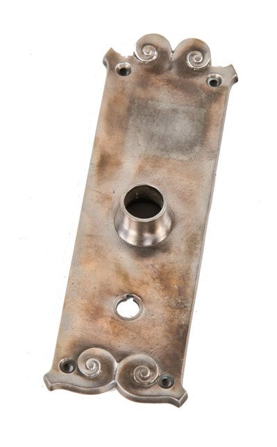 original ornamental cast iron 19th century chicago reliance office building interior doorknob backplate with fanciful volutes
