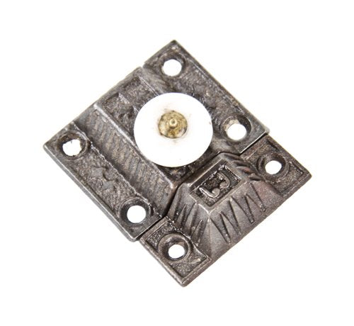 original c. 1870's antique american victorian era interior residential cast iron cabinet latch with intact white porcelain knob pull