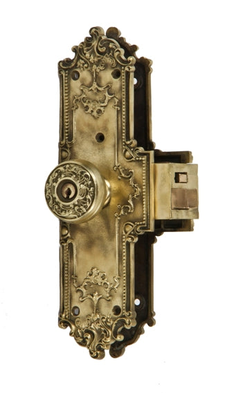 c. 1900's antique american ornamental cast brass interior residential vestibule door "unit lock" with mostly uniform surface finish
