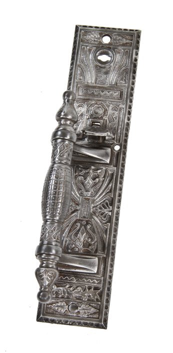 thoroughly refinished late 19th century ornamental cast iron exterior commercial store door thumblatch handle with steeple finials