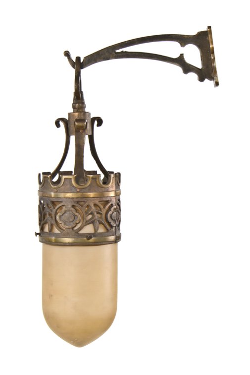remarkable c. 1917 american gothic style ornamental cast bronze interior church wall sconce with baked enameled "bullet" shade