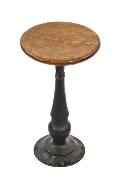 original c. 1900's american industrial tapered and turned cast iron stationary factory lunch hall stool with original varnished oak wood seat