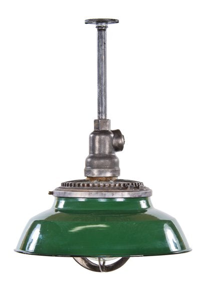 original c. 1930's american vintage industrial green porcelain enameled "explosion proof" electric pendant light fixture with bulb guard