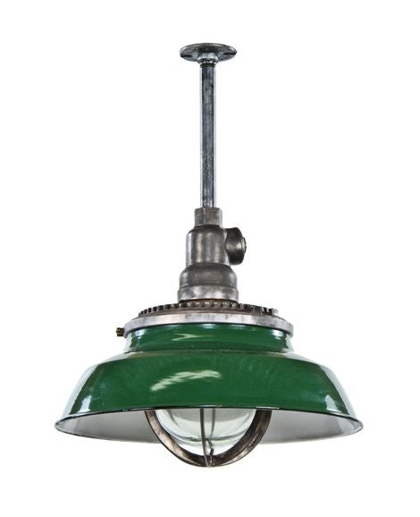 original depression era american industrial single electric light vapor-proof factory pendant light with green porcelain enameled reflector