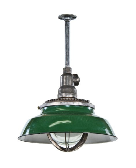 original c. 1930's american steam gauge factory "explosion proof" benjamin green porcelain enameled pendant light with screw-threaded globe