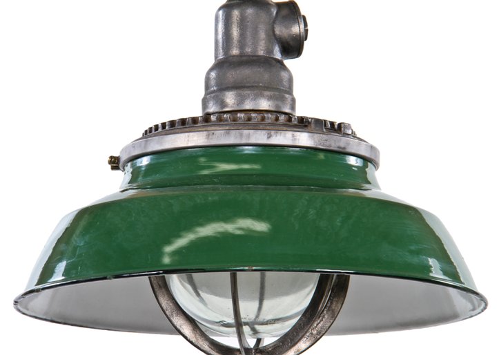 original c. 1930's american vintage industrial green porcelain enameled "explosion proof" electric pendant light fixture with bulb guard